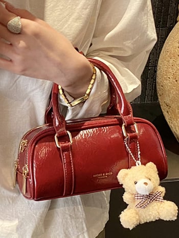 Geantă de damă din PU, culoare solidă, cu textură, stil Boston, cu curea de umăr crossbody