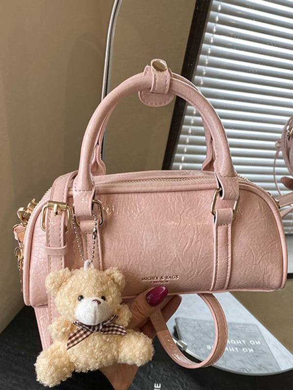 Geantă de damă din PU, culoare solidă, cu textură, stil Boston, cu curea de umăr crossbody