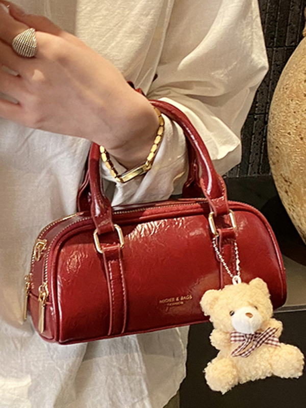 Geantă de damă din PU, culoare solidă, cu textură, stil Boston, cu curea de umăr crossbody