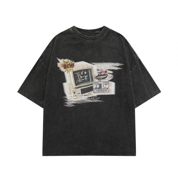 Muška T‑majica od pamuka s ispranim efektom, ulični hip-hop stil, retro casual, kratkim rukavima