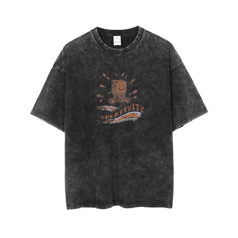 Muška T‑majica od pamuka s ispranim efektom, ulični hip-hop stil, retro casual, kratkim rukavima