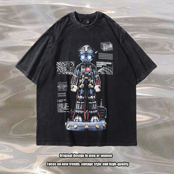 Ανδρικό T‑shirt από βαρύ βαμβάκι με vintage εκτύπωση καρτούν, πλυμμένος εφέ, κοντά μανίκια, στυλ χιπ-χοπ
