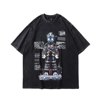 Ανδρικό T‑shirt από βαρύ βαμβάκι με vintage εκτύπωση καρτούν, πλυμμένος εφέ, κοντά μανίκια, στυλ χιπ-χοπ