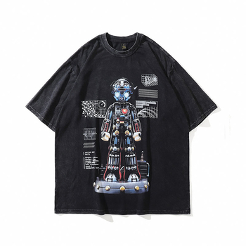 Ανδρικό T‑shirt από βαρύ βαμβάκι με vintage εκτύπωση καρτούν, πλυμμένος εφέ, κοντά μανίκια, στυλ χιπ-χοπ