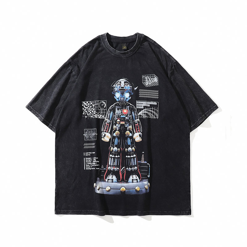 Ανδρικό T‑shirt από βαρύ βαμβάκι με vintage εκτύπωση καρτούν, πλυμμένος εφέ, κοντά μανίκια, στυλ χιπ-χοπ