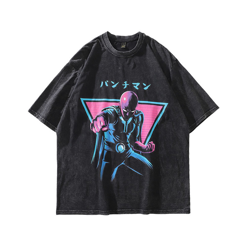 Ανδρικό T‑shirt από βαρύ βαμβάκι με vintage εκτύπωση καρτούν, πλυμμένος εφέ, κοντά μανίκια, στυλ χιπ-χοπ