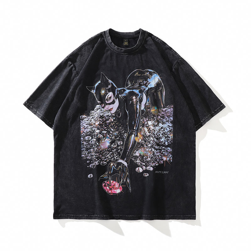 Ανδρικό T‑shirt από βαρύ βαμβάκι με vintage εκτύπωση καρτούν, πλυμμένος εφέ, κοντά μανίκια, στυλ χιπ-χοπ