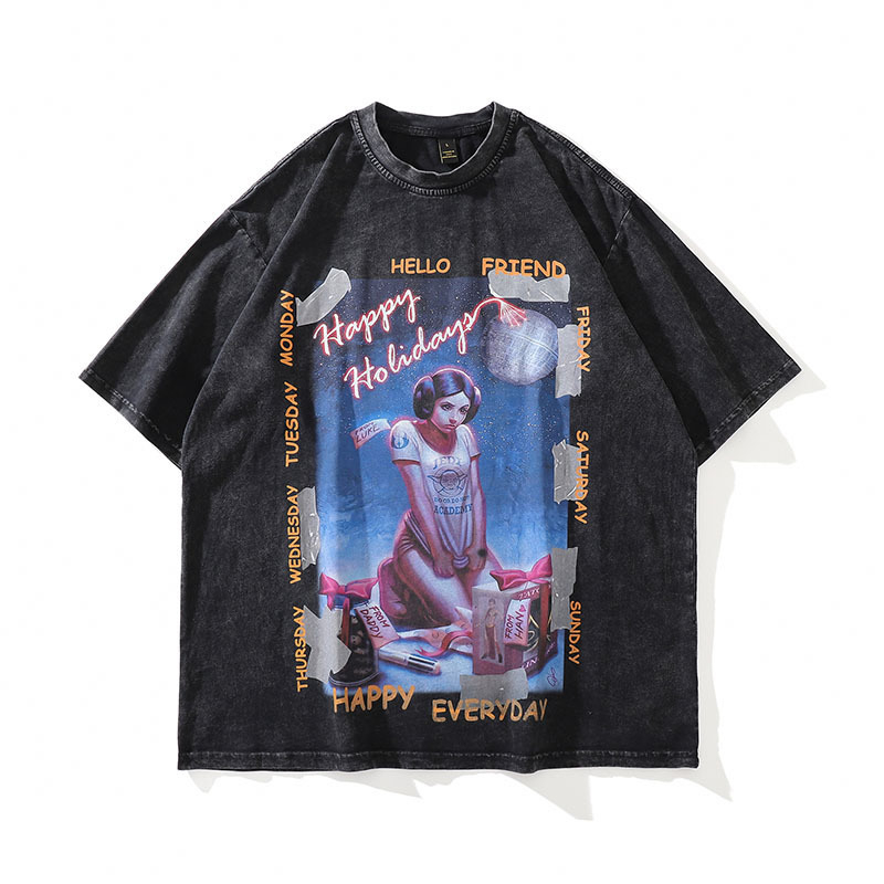 Ανδρικό T‑shirt από βαρύ βαμβάκι με vintage εκτύπωση καρτούν, πλυμμένος εφέ, κοντά μανίκια, στυλ χιπ-χοπ