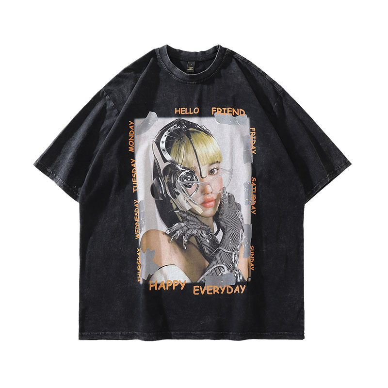 Ανδρικό T‑shirt από βαρύ βαμβάκι με vintage εκτύπωση καρτούν, πλυμμένος εφέ, κοντά μανίκια, στυλ χιπ-χοπ