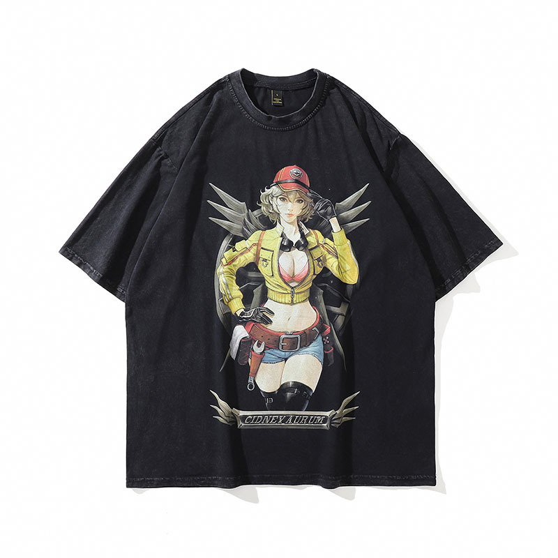 Ανδρικό T‑shirt από βαρύ βαμβάκι με vintage εκτύπωση καρτούν, πλυμμένος εφέ, κοντά μανίκια, στυλ χιπ-χοπ
