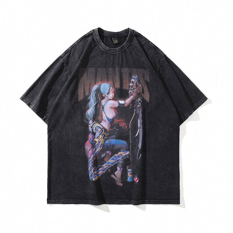 Ανδρικό T‑shirt από βαρύ βαμβάκι με vintage εκτύπωση καρτούν, πλυμμένος εφέ, κοντά μανίκια, στυλ χιπ-χοπ