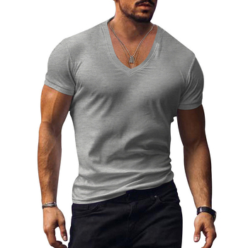 Muško T-shirt s V-izrezom, kratki rukavi, uski kroj, jednobojna, ljeto 2025, prozračna poliester-bavlanska smjesa.