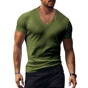 Muško T-shirt s V-izrezom, kratki rukavi, uski kroj, jednobojna, ljeto 2025, prozračna poliester-bavlanska smjesa.