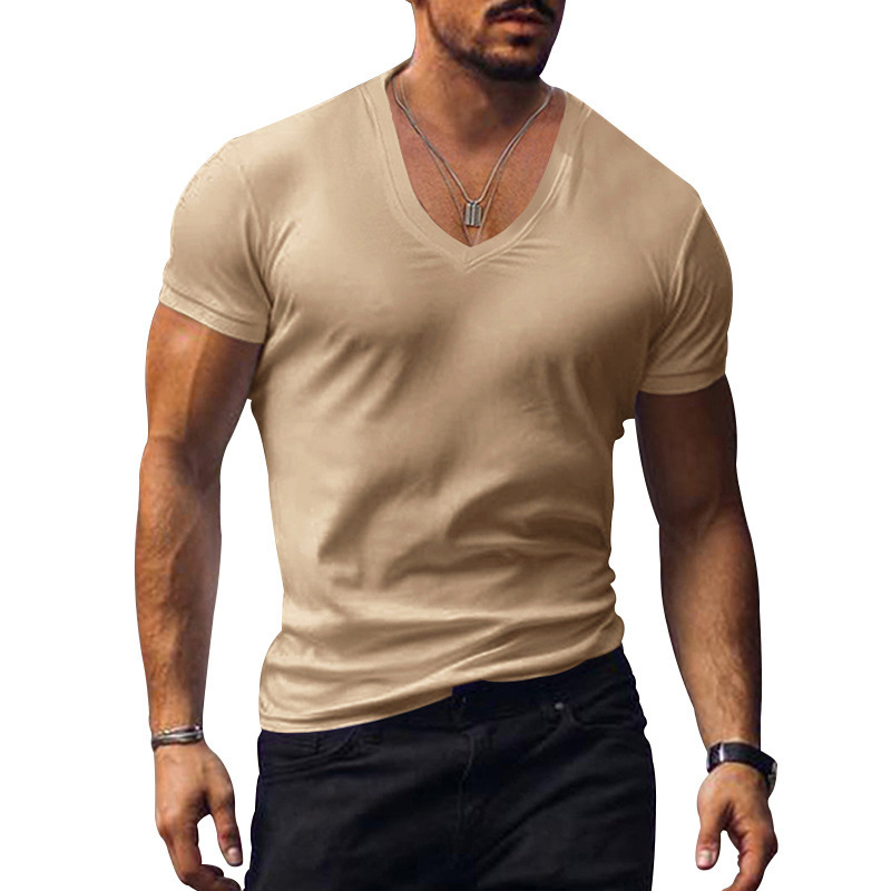 Muško T-shirt s V-izrezom, kratki rukavi, uski kroj, jednobojna, ljeto 2025, prozračna poliester-bavlanska smjesa.