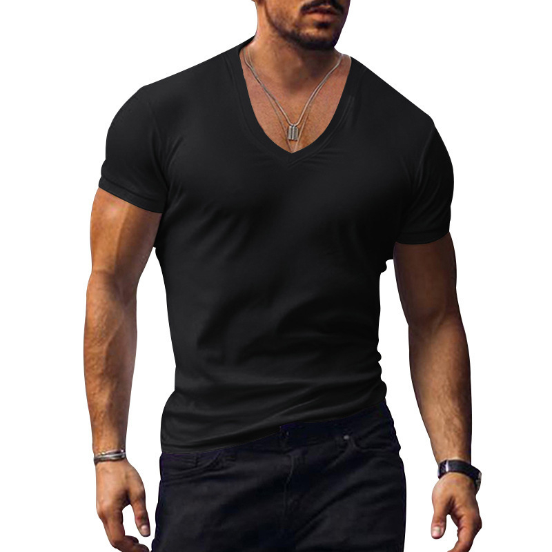 Muško T-shirt s V-izrezom, kratki rukavi, uski kroj, jednobojna, ljeto 2025, prozračna poliester-bavlanska smjesa.