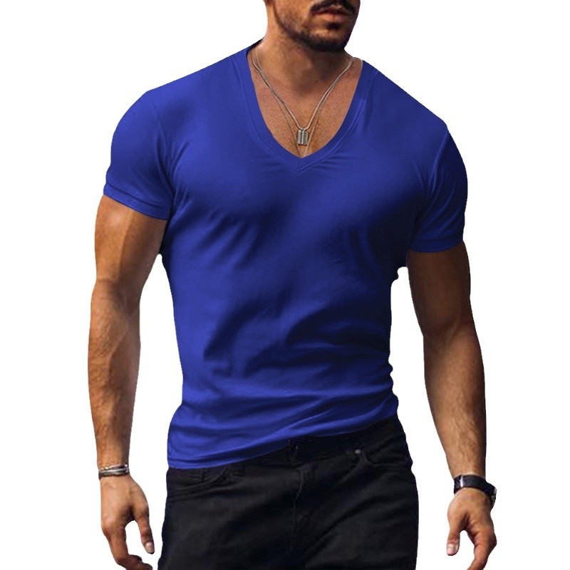 Muško T-shirt s V-izrezom, kratki rukavi, uski kroj, jednobojna, ljeto 2025, prozračna poliester-bavlanska smjesa.