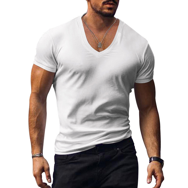 Muško T-shirt s V-izrezom, kratki rukavi, uski kroj, jednobojna, ljeto 2025, prozračna poliester-bavlanska smjesa.
