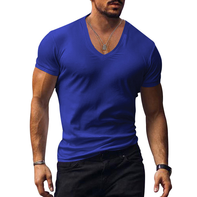 Muško T-shirt s V-izrezom, kratki rukavi, uski kroj, jednobojna, ljeto 2025, prozračna poliester-bavlanska smjesa.