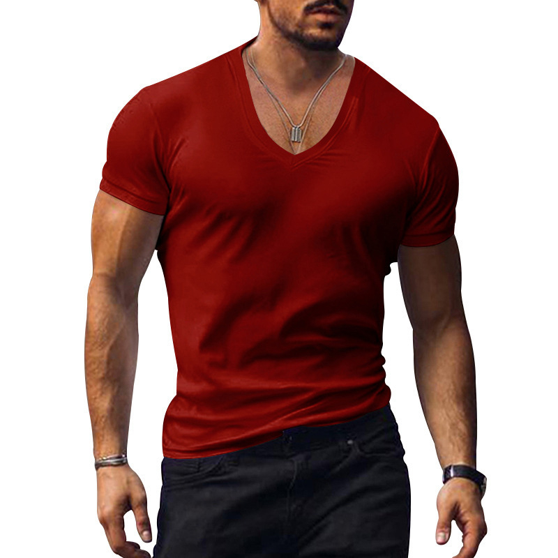 Muško T-shirt s V-izrezom, kratki rukavi, uski kroj, jednobojna, ljeto 2025, prozračna poliester-bavlanska smjesa.