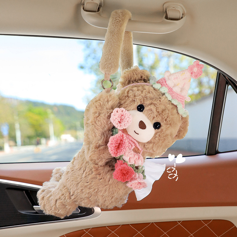 Pliš kutija za maramice za auto s slatkim medvjedićem, visi s stražnjeg naslona, dekor interijera za žene
