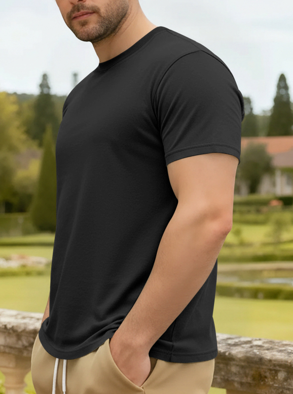 Ανδρικό βαμβακερό T‑shirt για το καλοκαίρι, με στρογγυλό ντεκολτέ, κοντά μανίκια, μονόχρωμο, casual αθλητικό