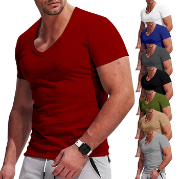 Ανδρικό καλοκαιρινό T-shirt με V-λαιμό, κοντό μανίκι, μονόχρωμο, σε μεγάλο μέγεθος, εφαρμοστό casual στυλ