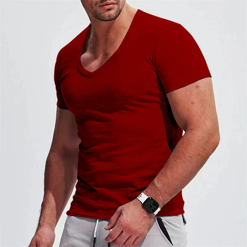 Ανδρικό καλοκαιρινό T-shirt με V-λαιμό, κοντό μανίκι, μονόχρωμο, σε μεγάλο μέγεθος, εφαρμοστό casual στυλ