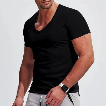 Ανδρικό καλοκαιρινό T-shirt με V-λαιμό, κοντό μανίκι, μονόχρωμο, σε μεγάλο μέγεθος, εφαρμοστό casual στυλ