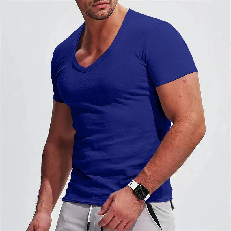 Ανδρικό καλοκαιρινό T-shirt με V-λαιμό, κοντό μανίκι, μονόχρωμο, σε μεγάλο μέγεθος, εφαρμοστό casual στυλ