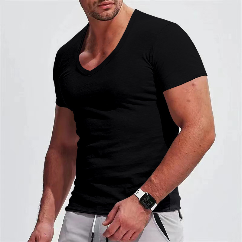 Ανδρικό καλοκαιρινό T-shirt με V-λαιμό, κοντό μανίκι, μονόχρωμο, σε μεγάλο μέγεθος, εφαρμοστό casual στυλ