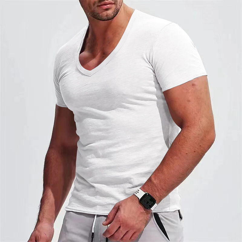 Ανδρικό καλοκαιρινό T-shirt με V-λαιμό, κοντό μανίκι, μονόχρωμο, σε μεγάλο μέγεθος, εφαρμοστό casual στυλ