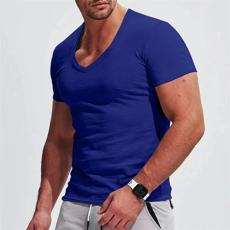 Ανδρικό καλοκαιρινό T-shirt με V-λαιμό, κοντό μανίκι, μονόχρωμο, σε μεγάλο μέγεθος, εφαρμοστό casual στυλ