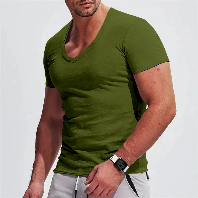 Ανδρικό καλοκαιρινό T-shirt με V-λαιμό, κοντό μανίκι, μονόχρωμο, σε μεγάλο μέγεθος, εφαρμοστό casual στυλ
