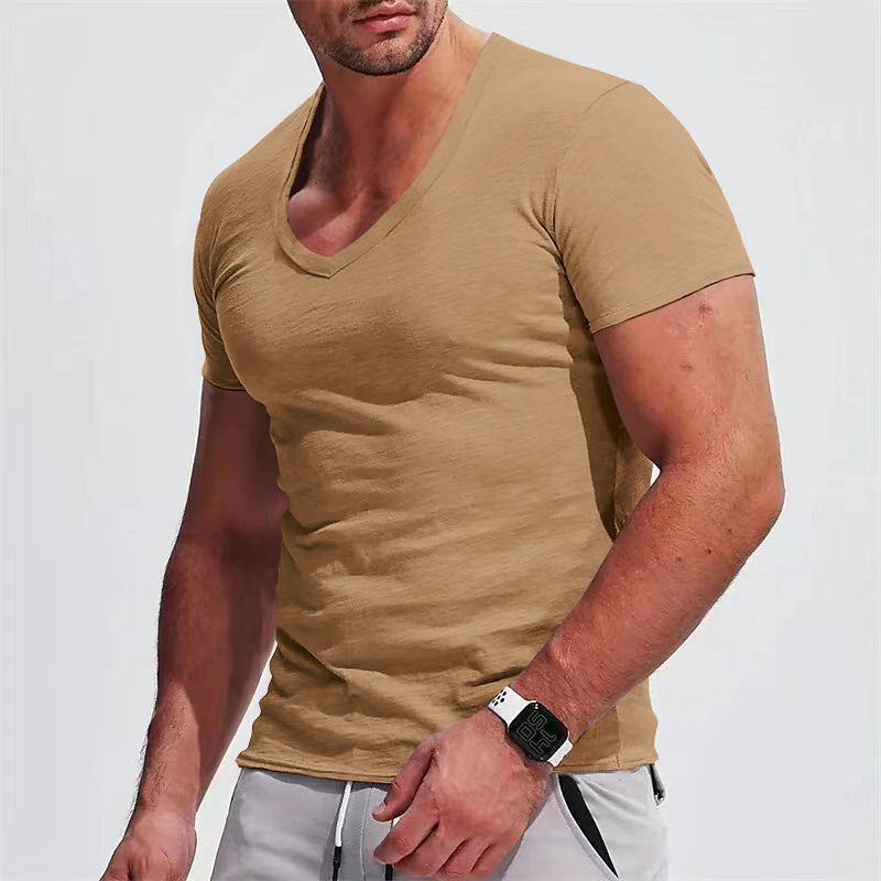 Ανδρικό καλοκαιρινό T-shirt με V-λαιμό, κοντό μανίκι, μονόχρωμο, σε μεγάλο μέγεθος, εφαρμοστό casual στυλ
