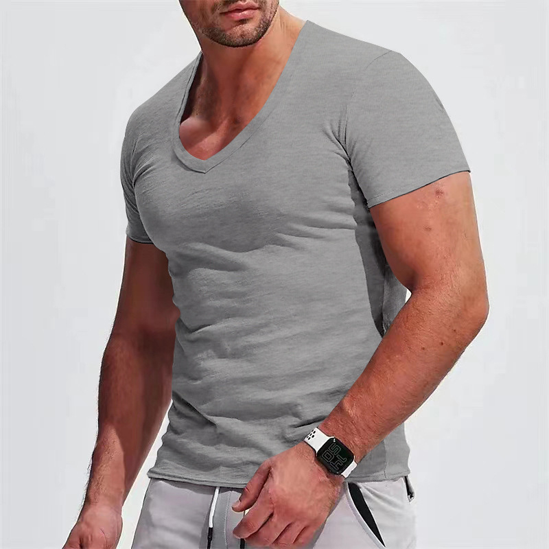 Ανδρικό καλοκαιρινό T-shirt με V-λαιμό, κοντό μανίκι, μονόχρωμο, σε μεγάλο μέγεθος, εφαρμοστό casual στυλ