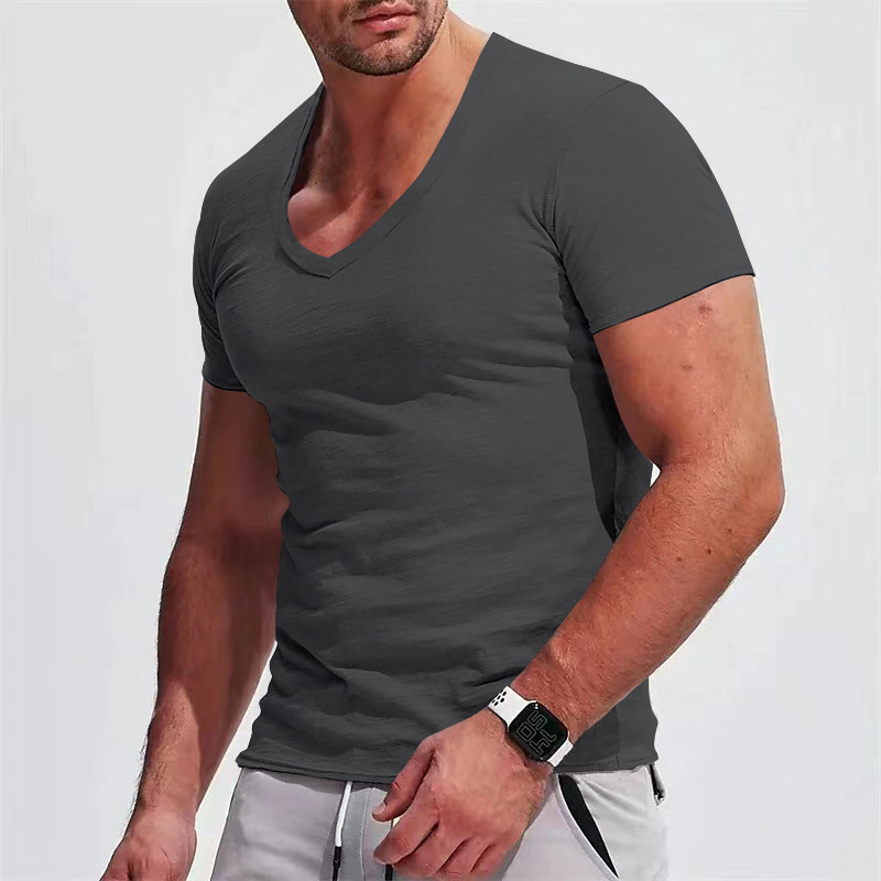Ανδρικό καλοκαιρινό T-shirt με V-λαιμό, κοντό μανίκι, μονόχρωμο, σε μεγάλο μέγεθος, εφαρμοστό casual στυλ