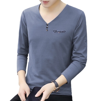 Ανδρικό βαμβακερό μακρυμάνικο T-shirt με V-λαιμό, κέντημα, ελαφρύ, casual αθλητικό για την άνοιξη και το φθινόπωρο