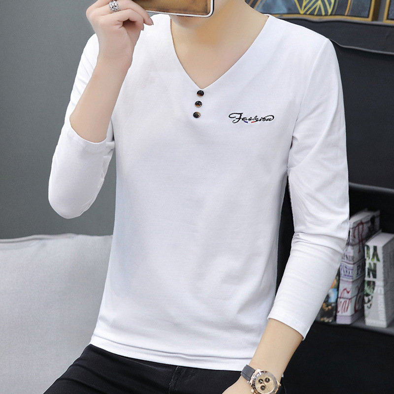 Ανδρικό βαμβακερό μακρυμάνικο T-shirt με V-λαιμό, κέντημα, ελαφρύ, casual αθλητικό για την άνοιξη και το φθινόπωρο