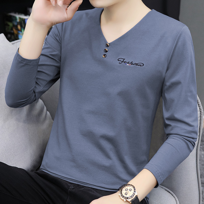 Ανδρικό βαμβακερό μακρυμάνικο T-shirt με V-λαιμό, κέντημα, ελαφρύ, casual αθλητικό για την άνοιξη και το φθινόπωρο