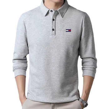 Polo pentru bărbați de toamnă, mânecă lungă, din amestec de bumbac, guler polo, croială lejeră, model geometric, logo brodat