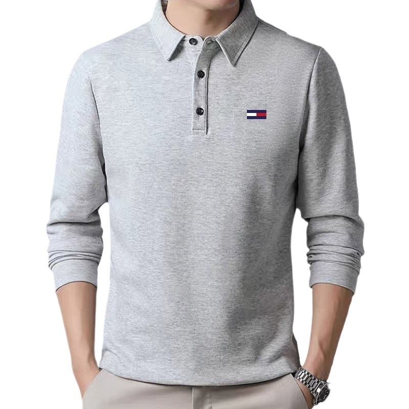 Polo pentru bărbați de toamnă, mânecă lungă, din amestec de bumbac, guler polo, croială lejeră, model geometric, logo brodat