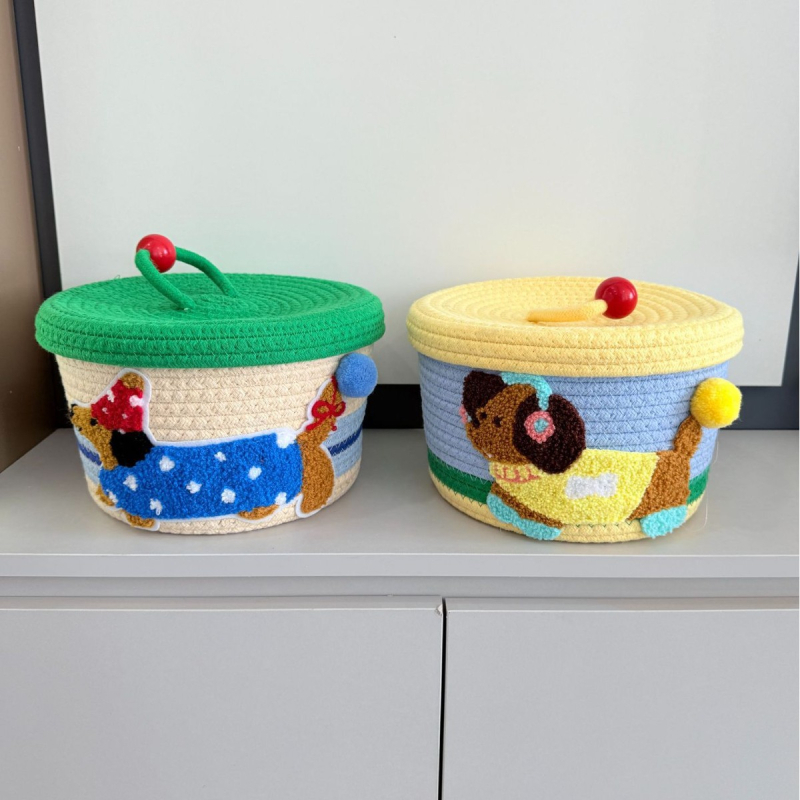 2025 Nova slatka košara za pohranu s poklopcem od pamukovog užeta – ručno pletena, pogodna za grickalice i igračke