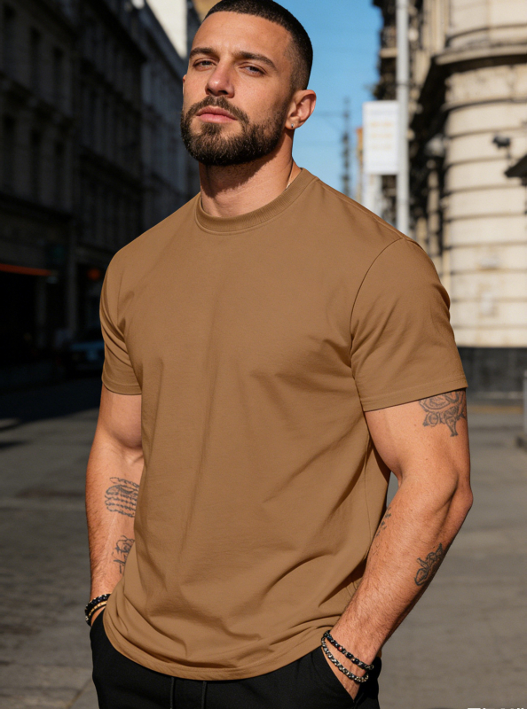 Ανδρικό κοντομάνικο βαμβακερό T‑shirt με στρογγυλή λαιμόκοψη, μονόχρωμη, καθημερινή αθλητική για το καλοκαίρι
