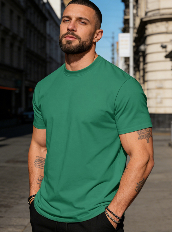 Ανδρικό κοντομάνικο βαμβακερό T‑shirt με στρογγυλή λαιμόκοψη, μονόχρωμη, καθημερινή αθλητική για το καλοκαίρι