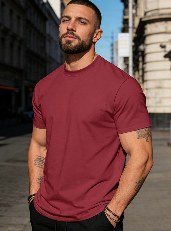 Ανδρικό κοντομάνικο βαμβακερό T‑shirt με στρογγυλή λαιμόκοψη, μονόχρωμη, καθημερινή αθλητική για το καλοκαίρι