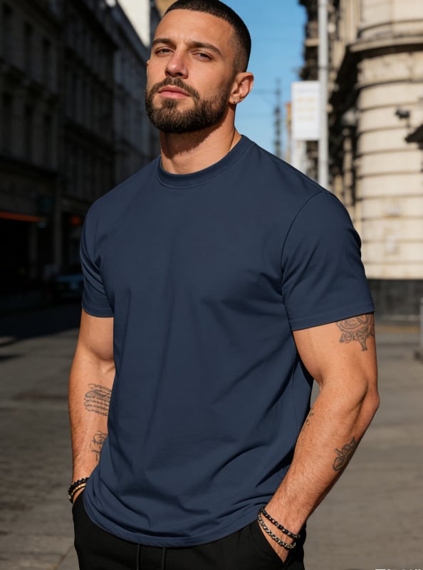 Ανδρικό κοντομάνικο βαμβακερό T‑shirt με στρογγυλή λαιμόκοψη, μονόχρωμη, καθημερινή αθλητική για το καλοκαίρι