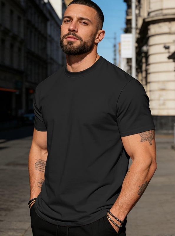 Ανδρικό κοντομάνικο βαμβακερό T‑shirt με στρογγυλή λαιμόκοψη, μονόχρωμη, καθημερινή αθλητική για το καλοκαίρι