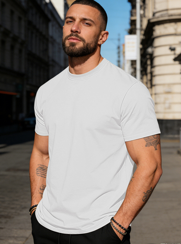 Ανδρικό κοντομάνικο βαμβακερό T‑shirt με στρογγυλή λαιμόκοψη, μονόχρωμη, καθημερινή αθλητική για το καλοκαίρι