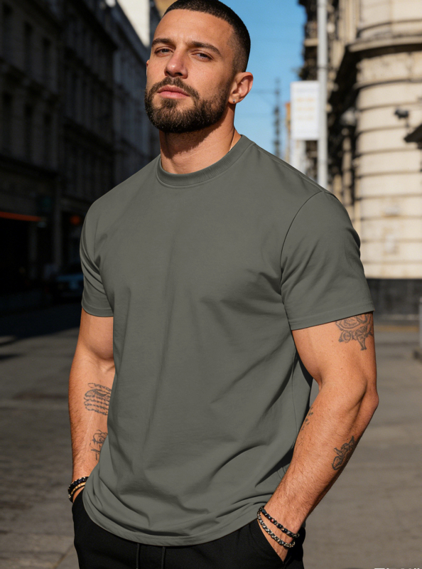 Ανδρικό κοντομάνικο βαμβακερό T‑shirt με στρογγυλή λαιμόκοψη, μονόχρωμη, καθημερινή αθλητική για το καλοκαίρι