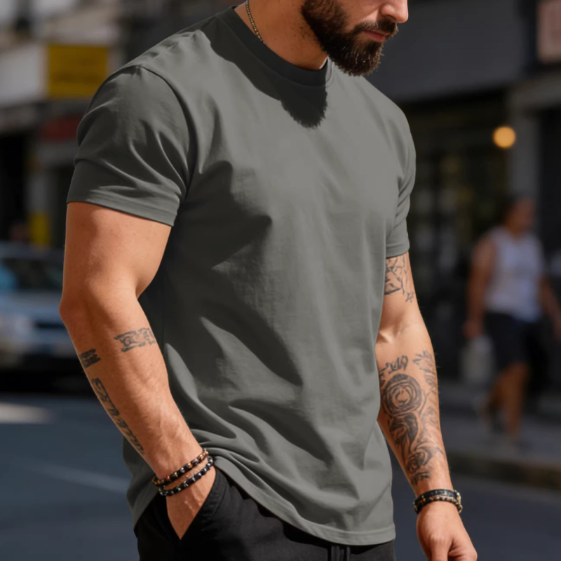 Ανδρικό κοντομάνικο βαμβακερό T‑shirt με στρογγυλή λαιμόκοψη, μονόχρωμη, καθημερινή αθλητική για το καλοκαίρι